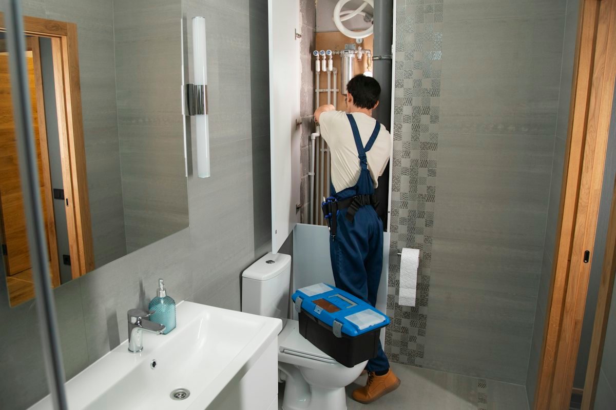 Plombier intervenant sur les arrivées d'eau derrière un coffrage de salle de bain